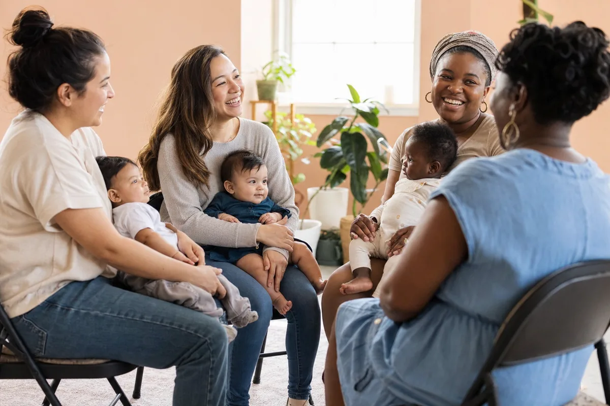 Mothers sitting together with their babies in a bright community room