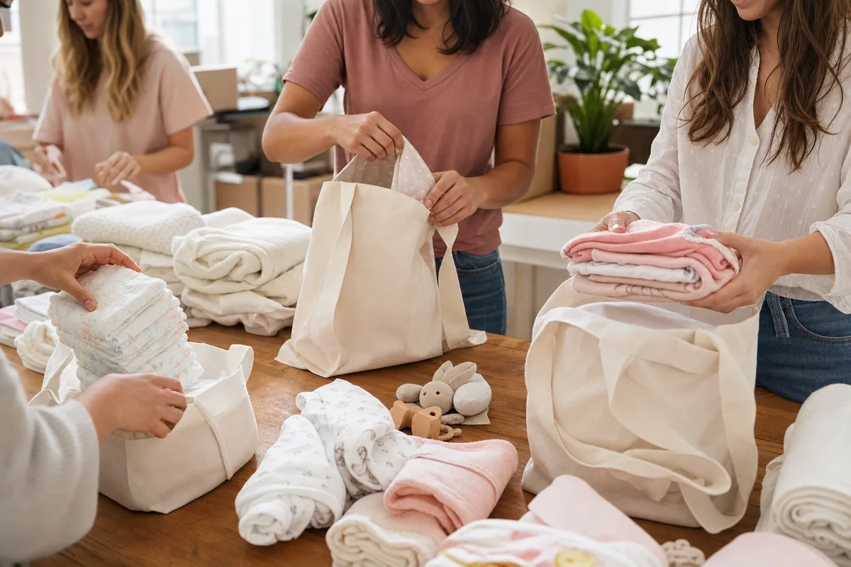 Volunteers packing bundles of baby essentials into tote bags
